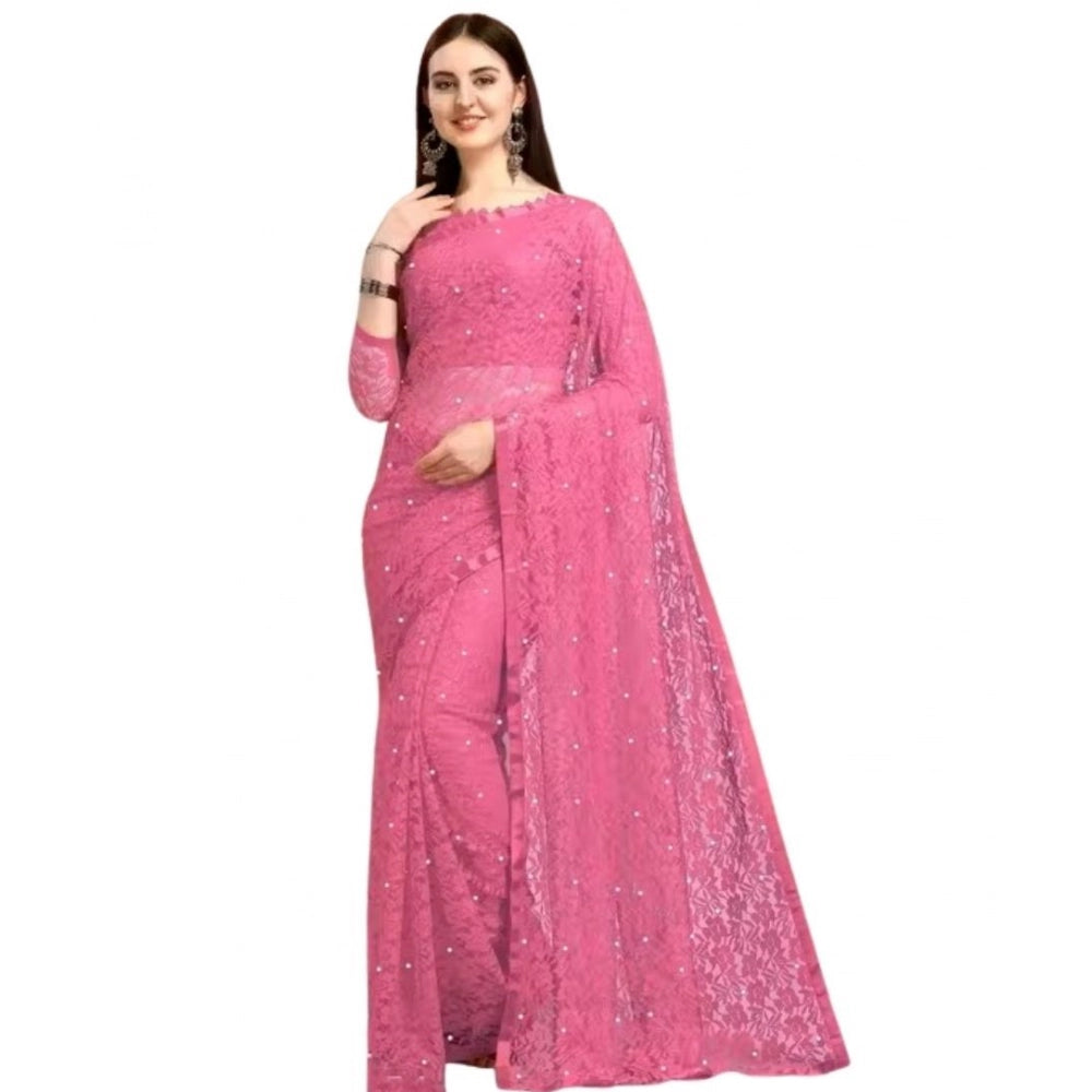 Seduva Women's Net Self Design Saree With Unstitched Blouse 5.5Mtr (Dark Pink)