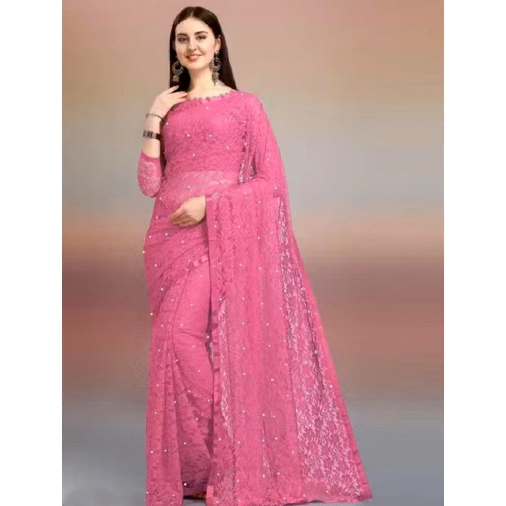 Seduva Women's Net Self Design Saree With Unstitched Blouse 5.5Mtr (Dark Pink)