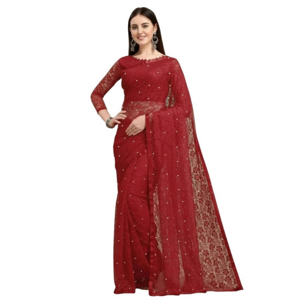Seduva Women's Net Self Design Saree With Unstitched Blouse 5.5Mtr (Maroon)