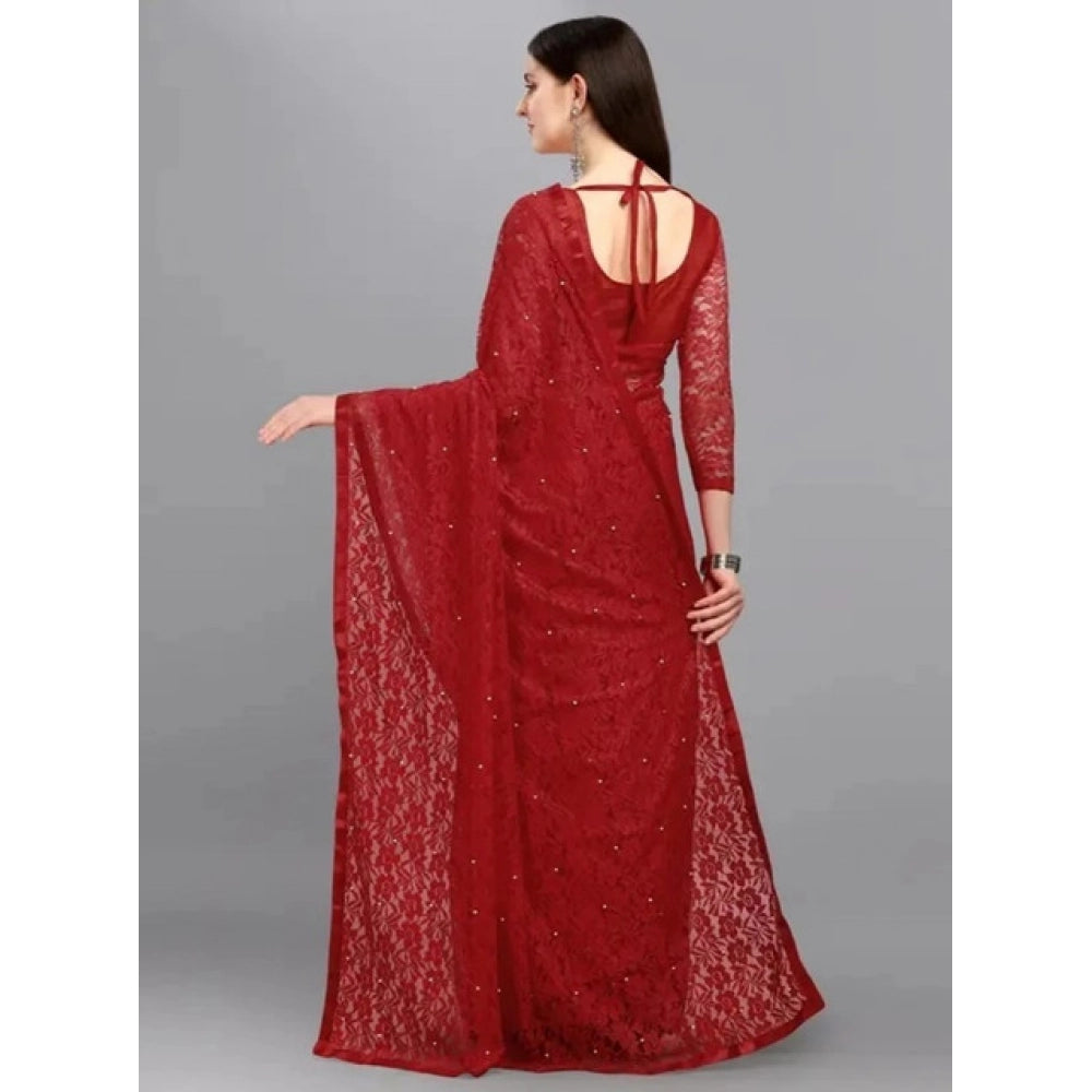 Seduva Women's Net Self Design Saree With Unstitched Blouse 5.5Mtr (Maroon)