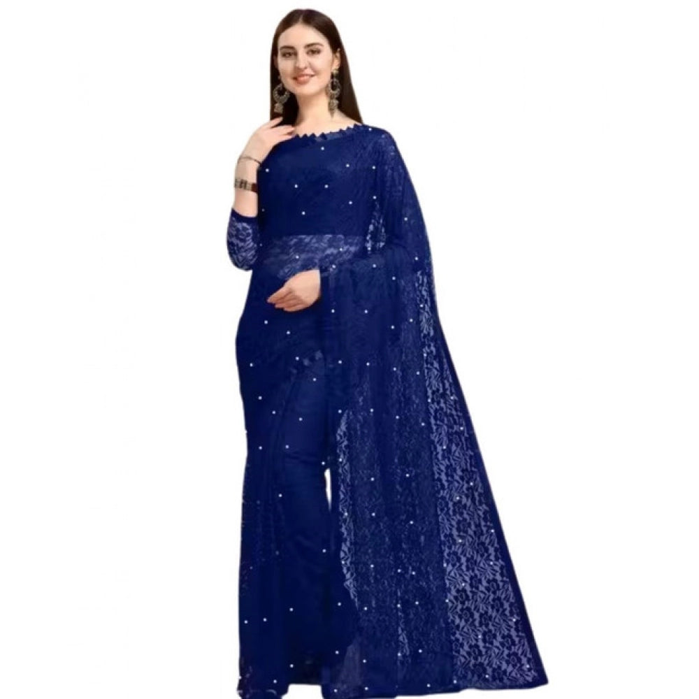 Seduva Women's Net Self Design Saree With Unstitched Blouse 5.5Mtr (Navy Blue)