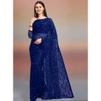 Seduva Women's Net Self Design Saree With Unstitched Blouse 5.5Mtr (Navy Blue)