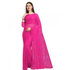 Seduva Women's Net Self Design Saree With Unstitched Blouse 5.5Mtr (Rani)