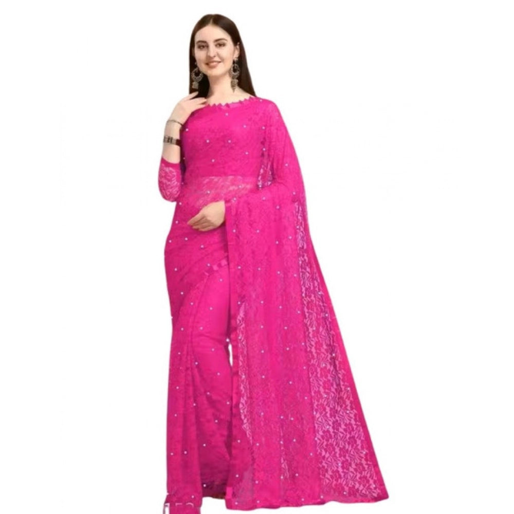 Seduva Women's Net Self Design Saree With Unstitched Blouse 5.5Mtr (Rani)