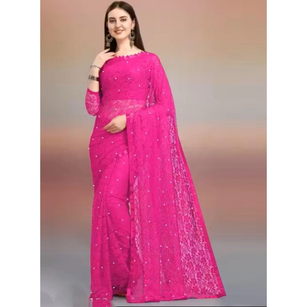 Seduva Women's Net Self Design Saree With Unstitched Blouse 5.5Mtr (Rani)