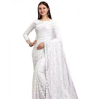 Seduva Women's Net Self Design Saree With Unstitched Blouse 5.5Mtr (White)