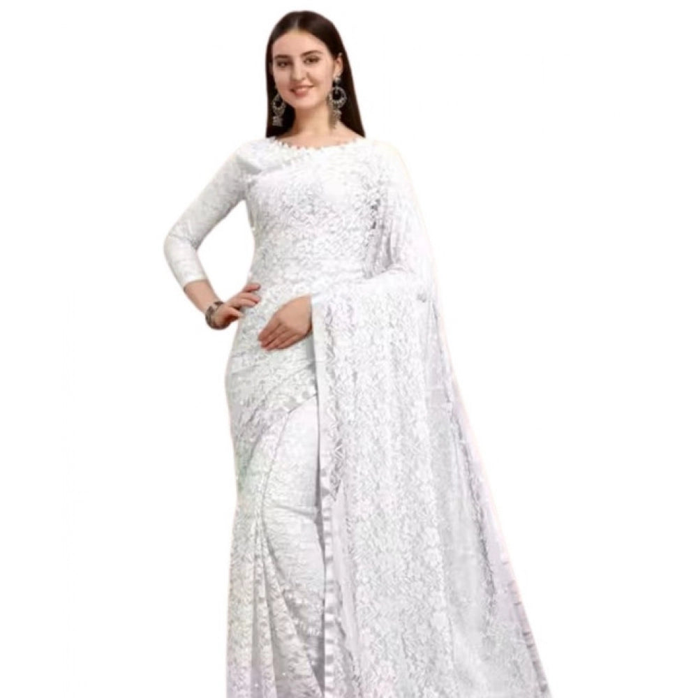 Seduva Women's Net Self Design Saree With Unstitched Blouse 5.5Mtr (White)