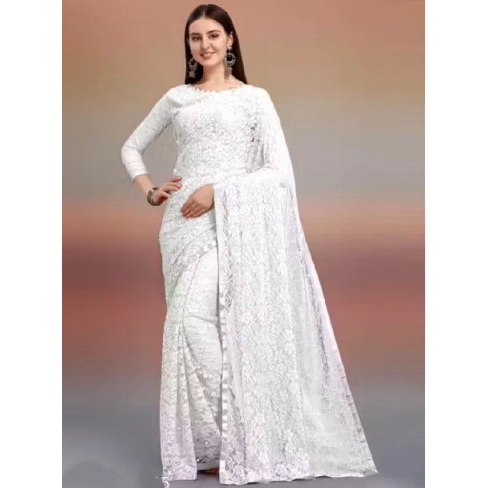 Seduva Women's Net Self Design Saree With Unstitched Blouse 5.5Mtr (White)