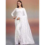Seduva Women's Net Self Design Saree With Unstitched Blouse 5.5Mtr (White)