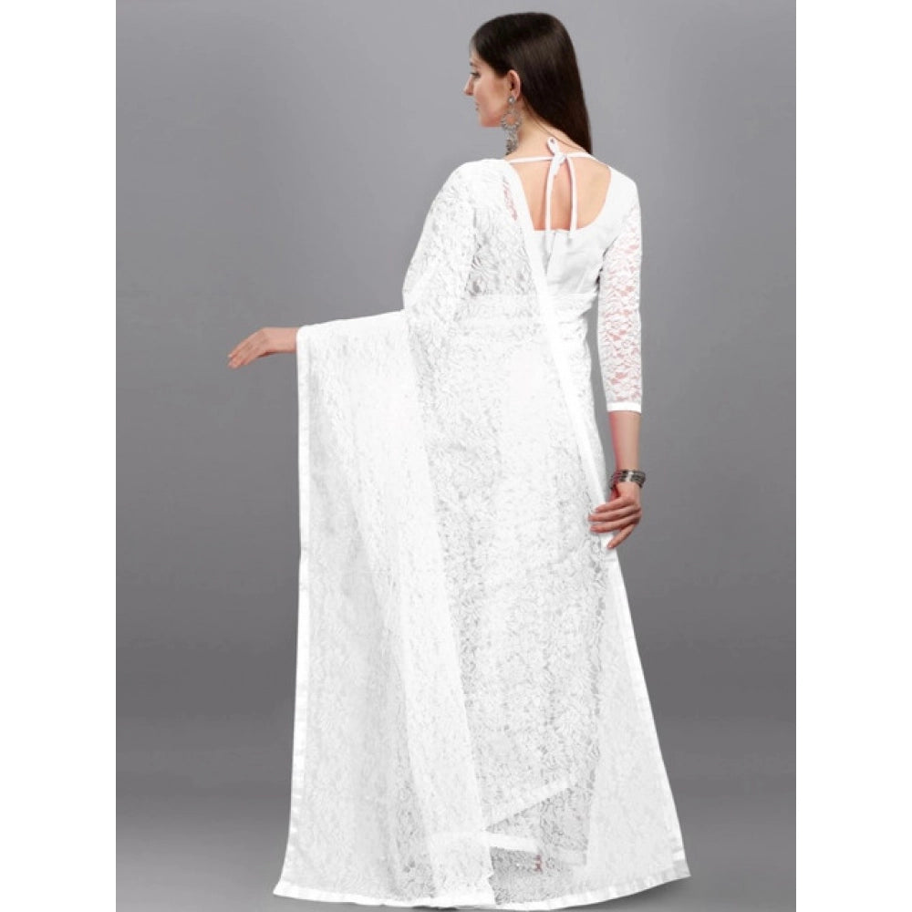 Seduva Women's Net Self Design Saree With Unstitched Blouse 5.5Mtr (White)