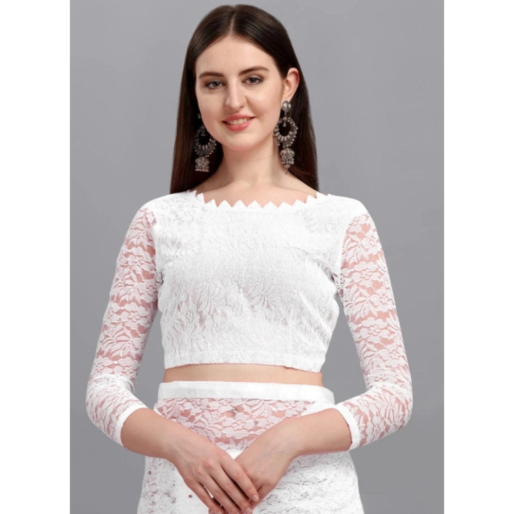 Seduva Women's Net Self Design Saree With Unstitched Blouse 5.5Mtr (White)