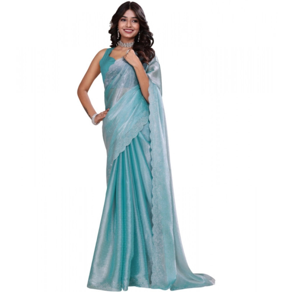 Seduva Women's Jimmy choo Embellished Bollywood Saree With Unstitched Blouse 5.5Mtr (Light Blue)