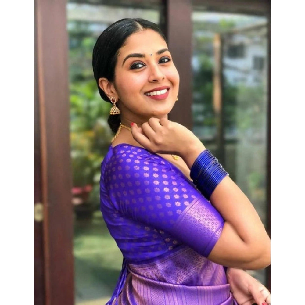 Seduva Women's Litchi silk Printed Saree With Unstitched Blouse (Purple)