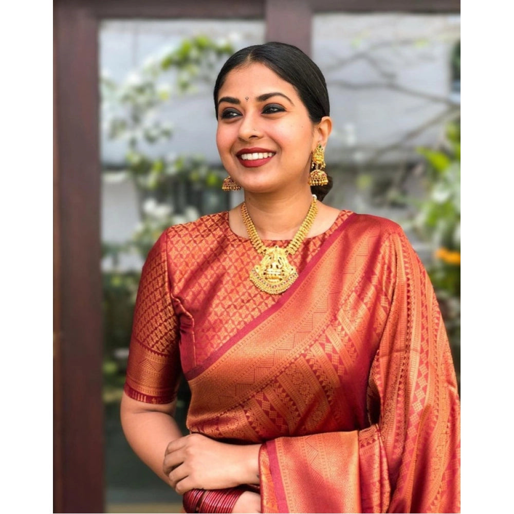 Seduva Women's Litchi silk Printed Saree With Unstitched Blouse (Red)