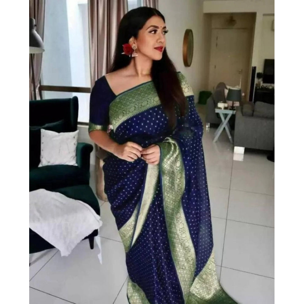 Seduva Women's Litchi silk Printed Saree With Unstitched Blouse (Blue)