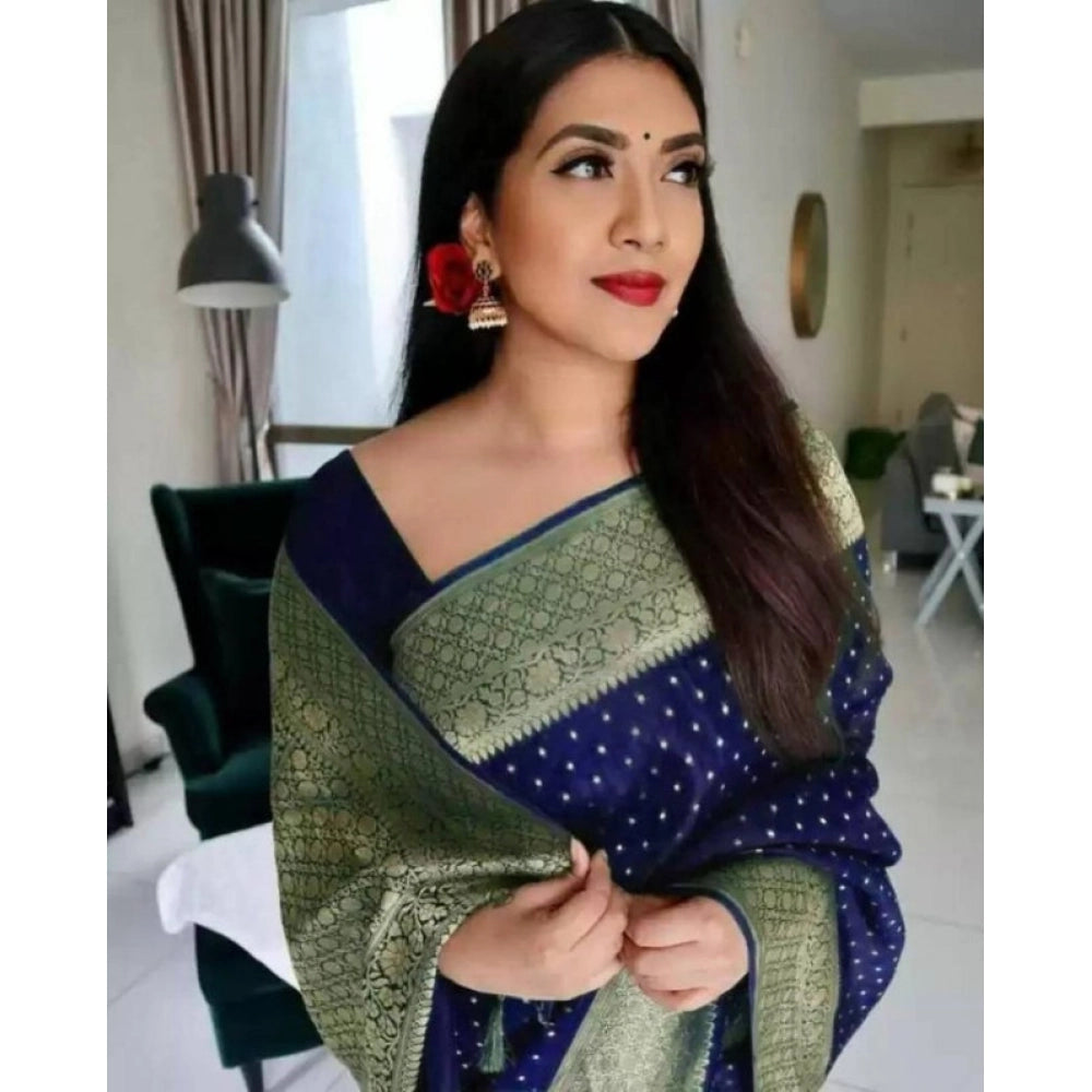 Seduva Women's Litchi silk Printed Saree With Unstitched Blouse (Blue)