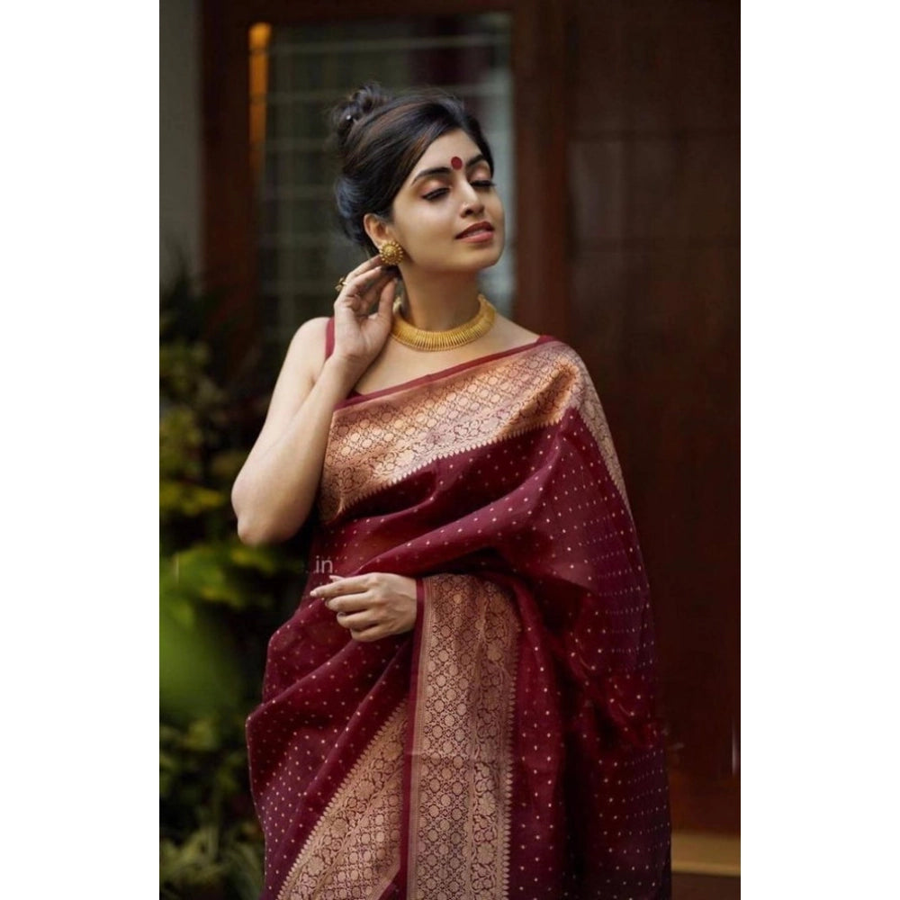 Seduva Women's Litchi silk Printed Saree With Unstitched Blouse (Maroon)