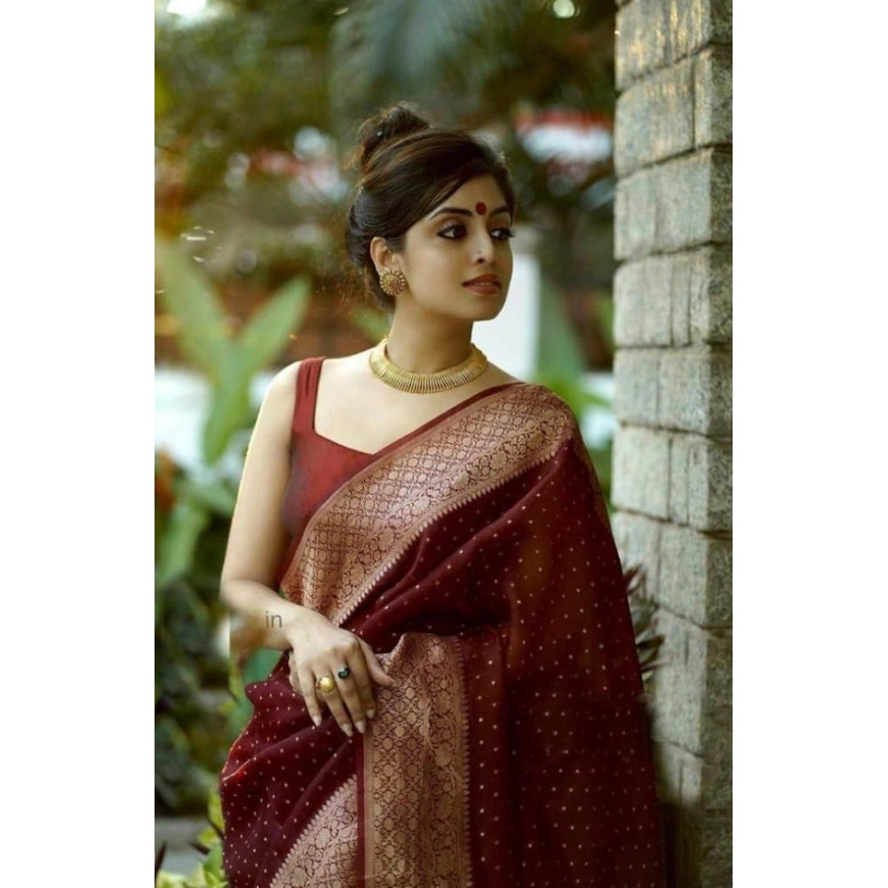 Seduva Women's Litchi silk Printed Saree With Unstitched Blouse (Maroon)