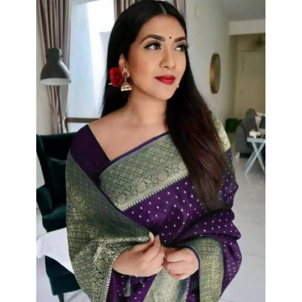 Seduva Women's Litchi silk Printed Saree With Unstitched Blouse (Purple)