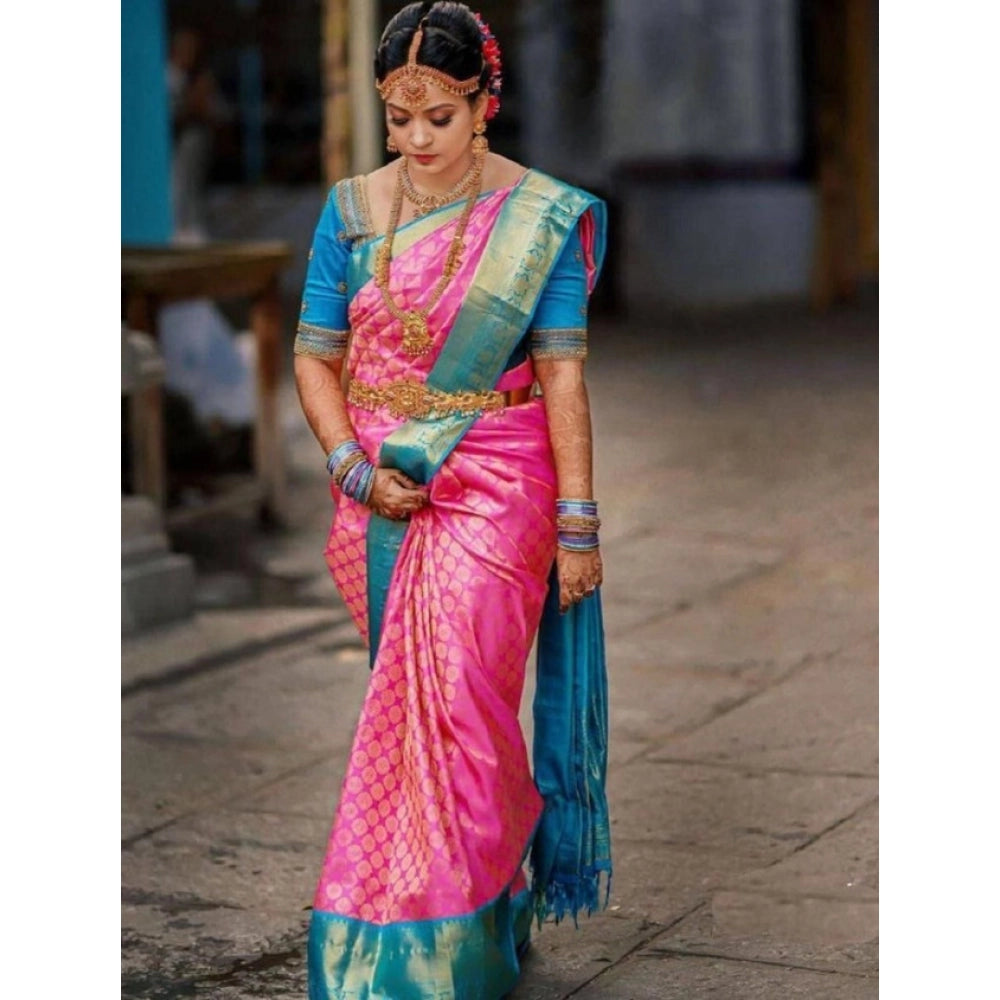 Seduva Women's Litchi silk Printed Saree With Unstitched Blouse (Pink)