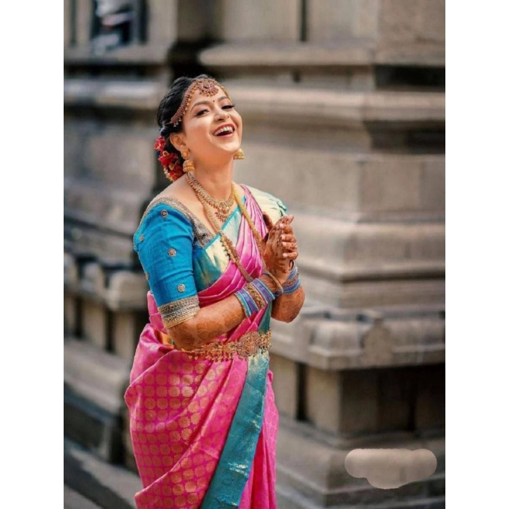 Seduva Women's Litchi silk Printed Saree With Unstitched Blouse (Pink)