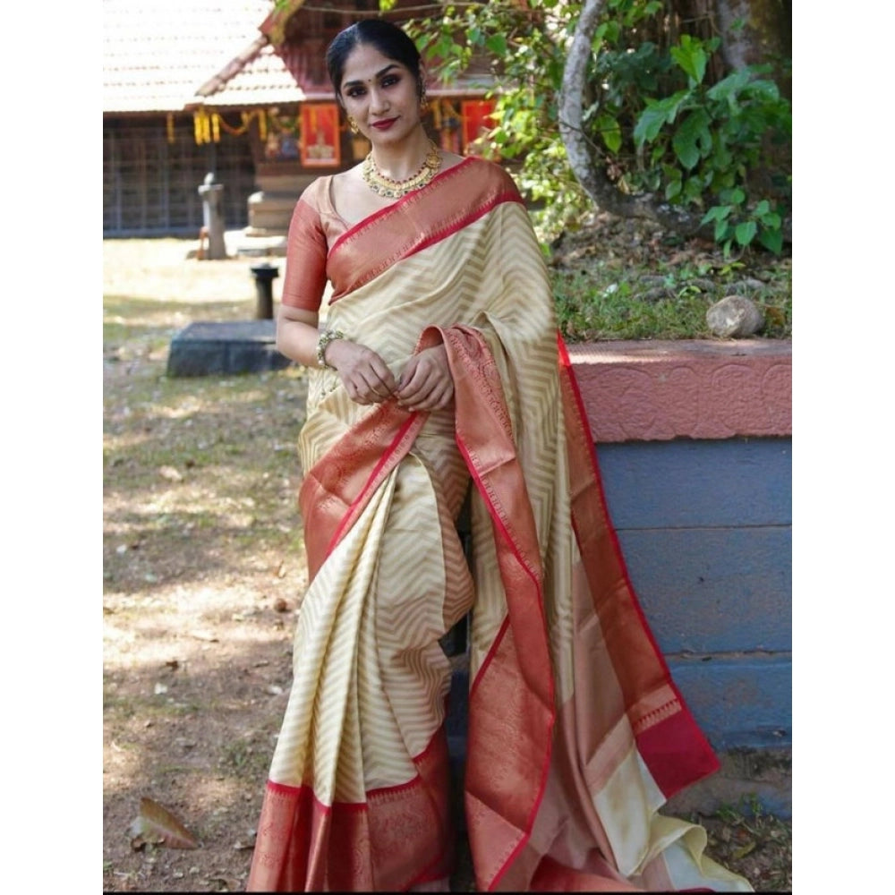 Seduva Women's Litchi silk Printed Saree With Unstitched Blouse (Beige)