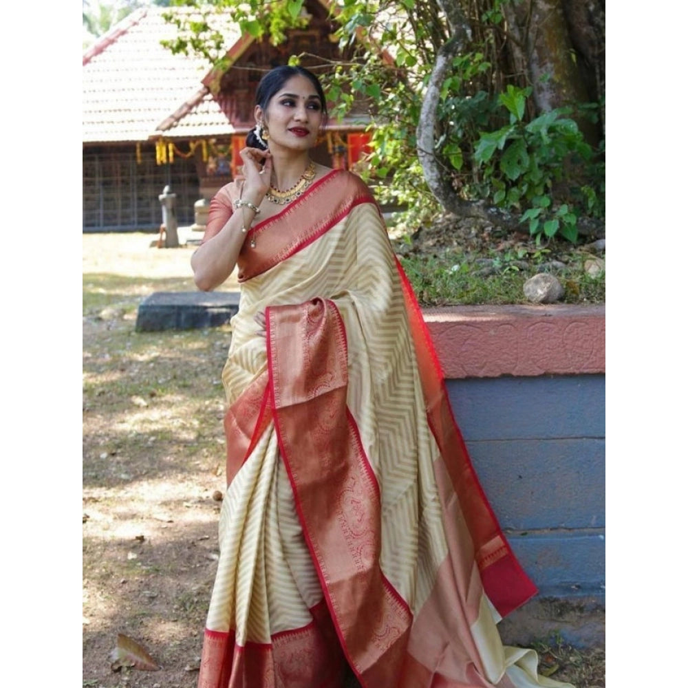 Seduva Women's Litchi silk Printed Saree With Unstitched Blouse (Beige)