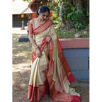 Seduva Women's Litchi silk Printed Saree With Unstitched Blouse (Beige)