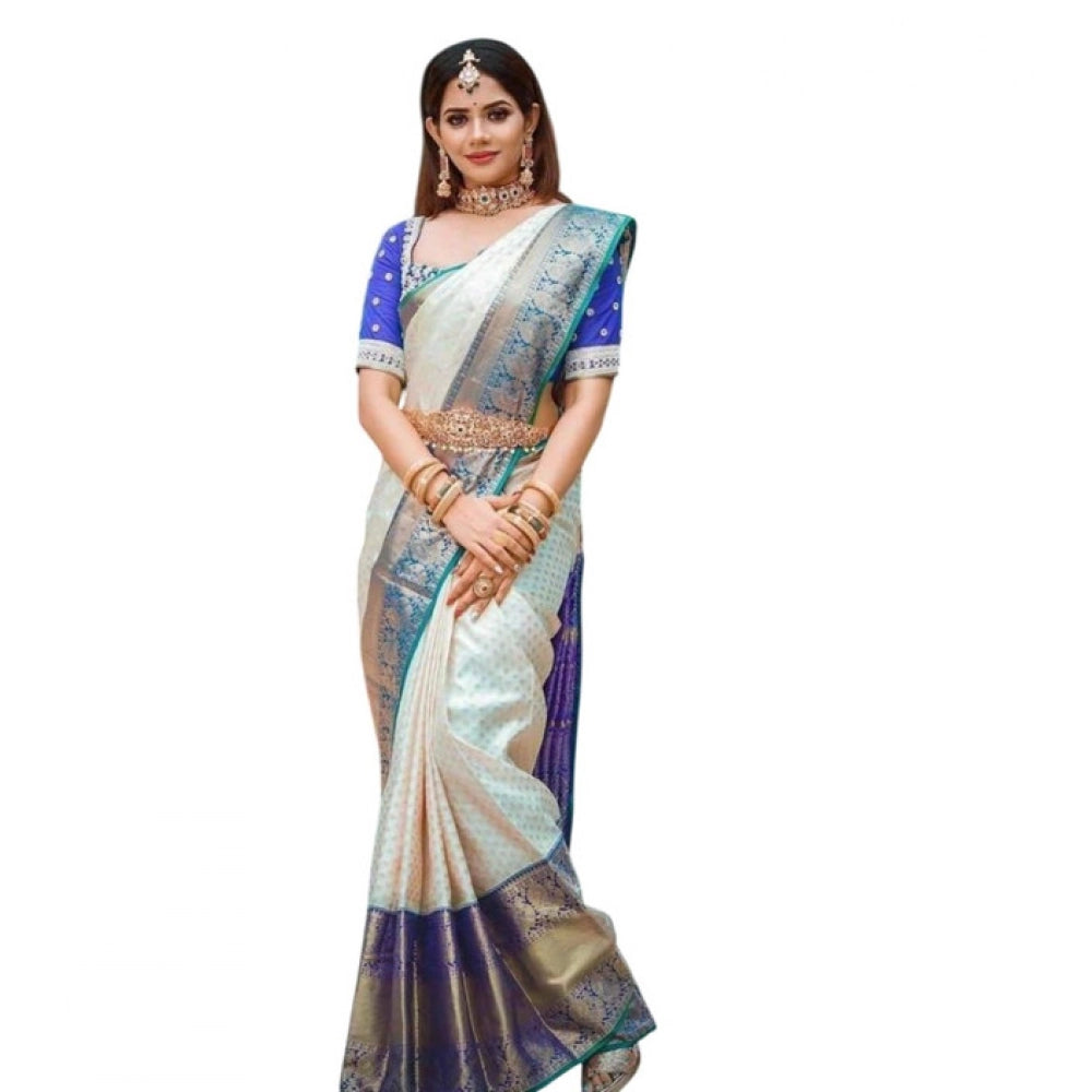 Seduva Women's Litchi silk Printed Saree With Unstitched Blouse (Off White)