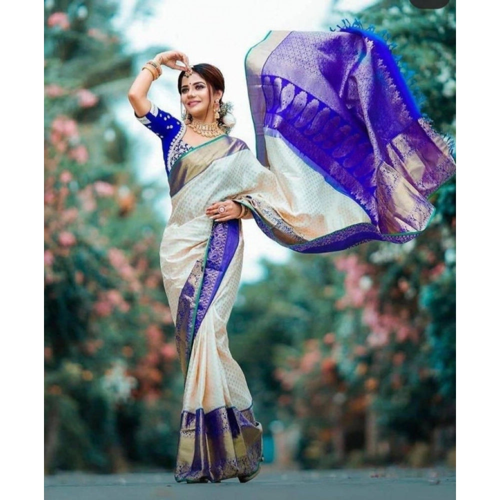 Seduva Women's Litchi silk Printed Saree With Unstitched Blouse (Off White)