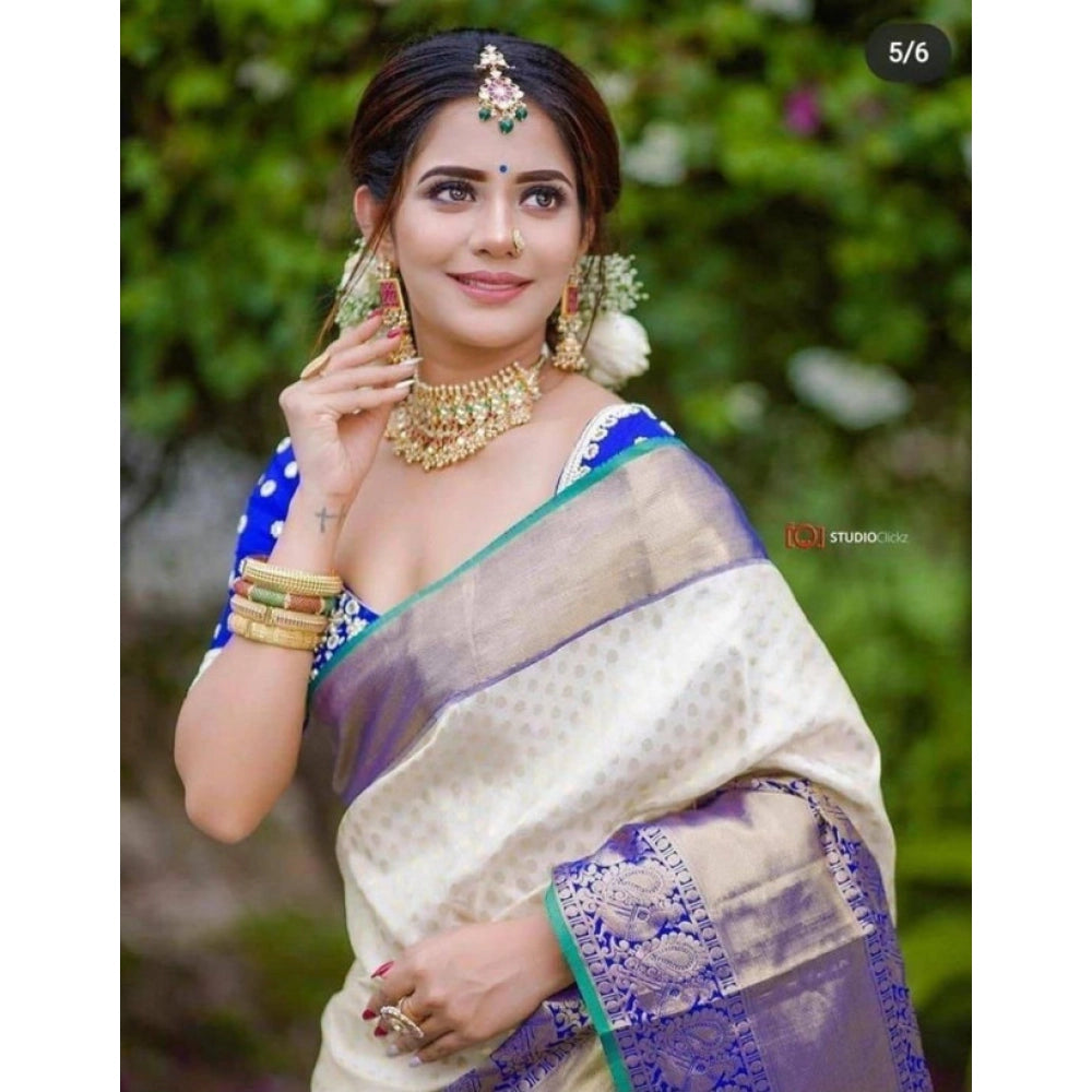 Seduva Women's Litchi silk Printed Saree With Unstitched Blouse (Off White)