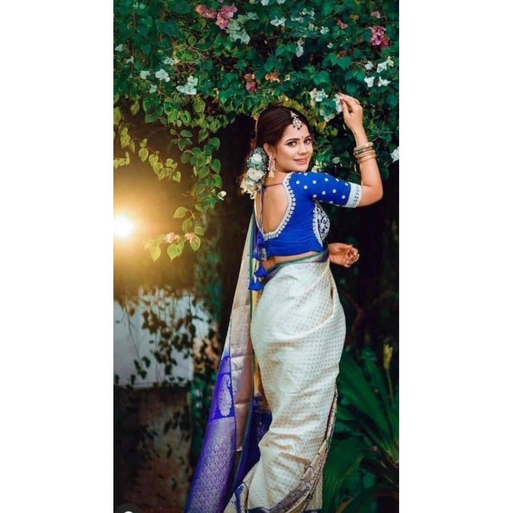 Seduva Women's Litchi silk Printed Saree With Unstitched Blouse (Off White)