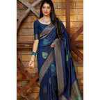 Seduva Women's Litchi silk Printed Saree With Unstitched Blouse (Blue)