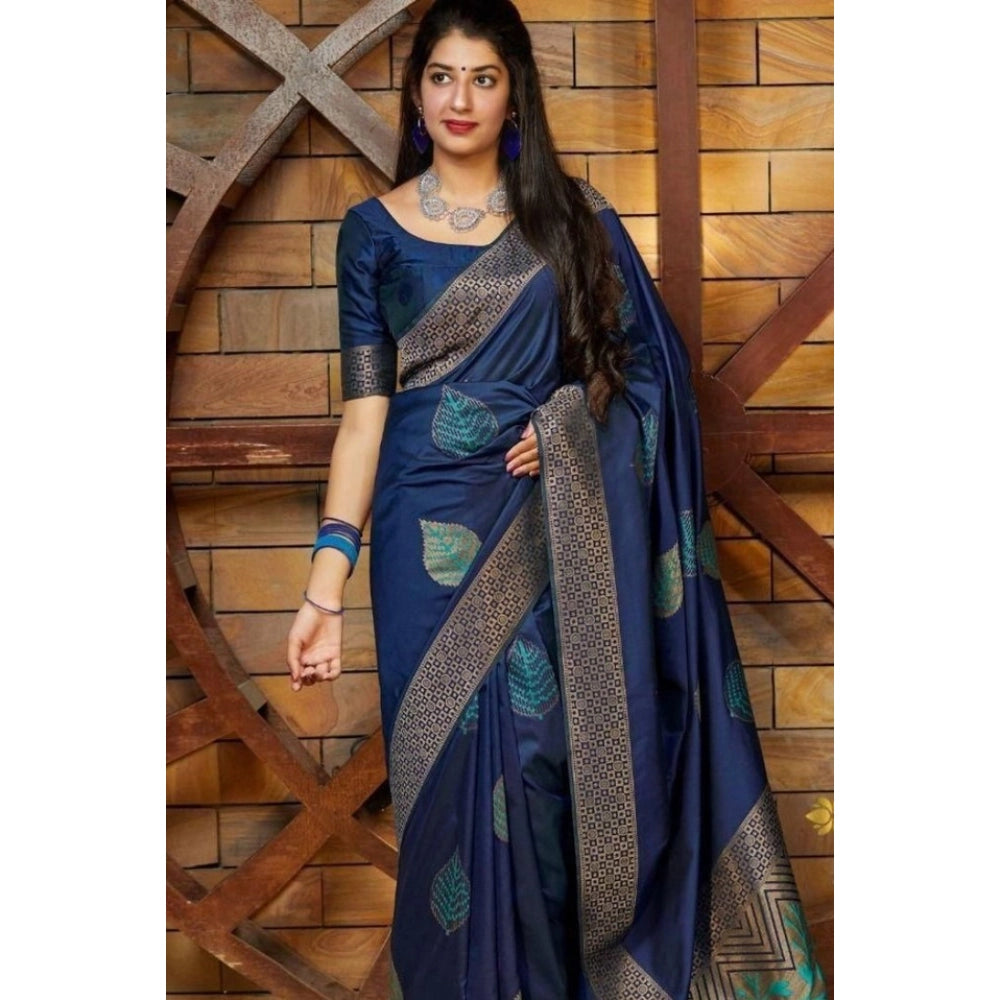 Seduva Women's Litchi silk Printed Saree With Unstitched Blouse (Blue)