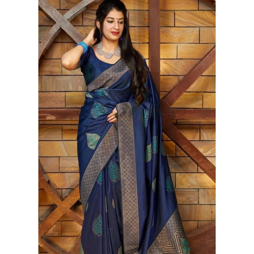 Seduva Women's Litchi silk Printed Saree With Unstitched Blouse (Blue)