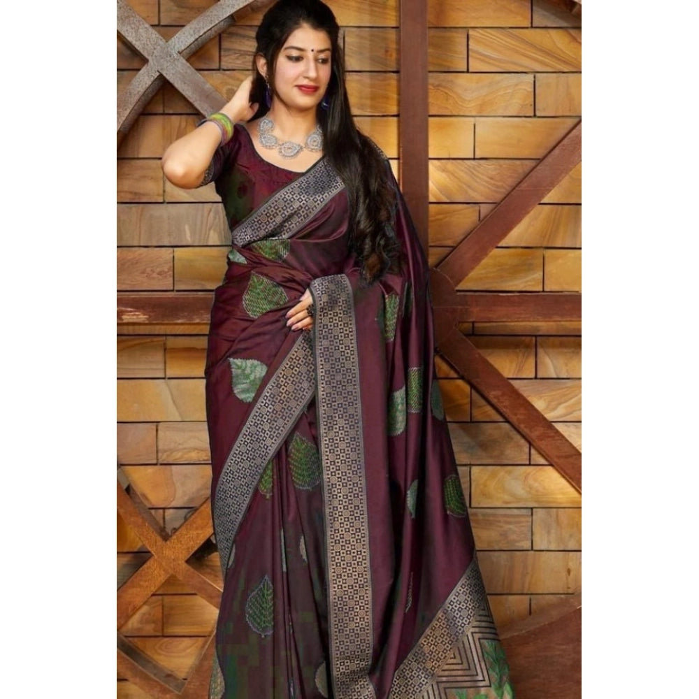Seduva Women's Litchi silk Printed Saree With Unstitched Blouse (Maroon)