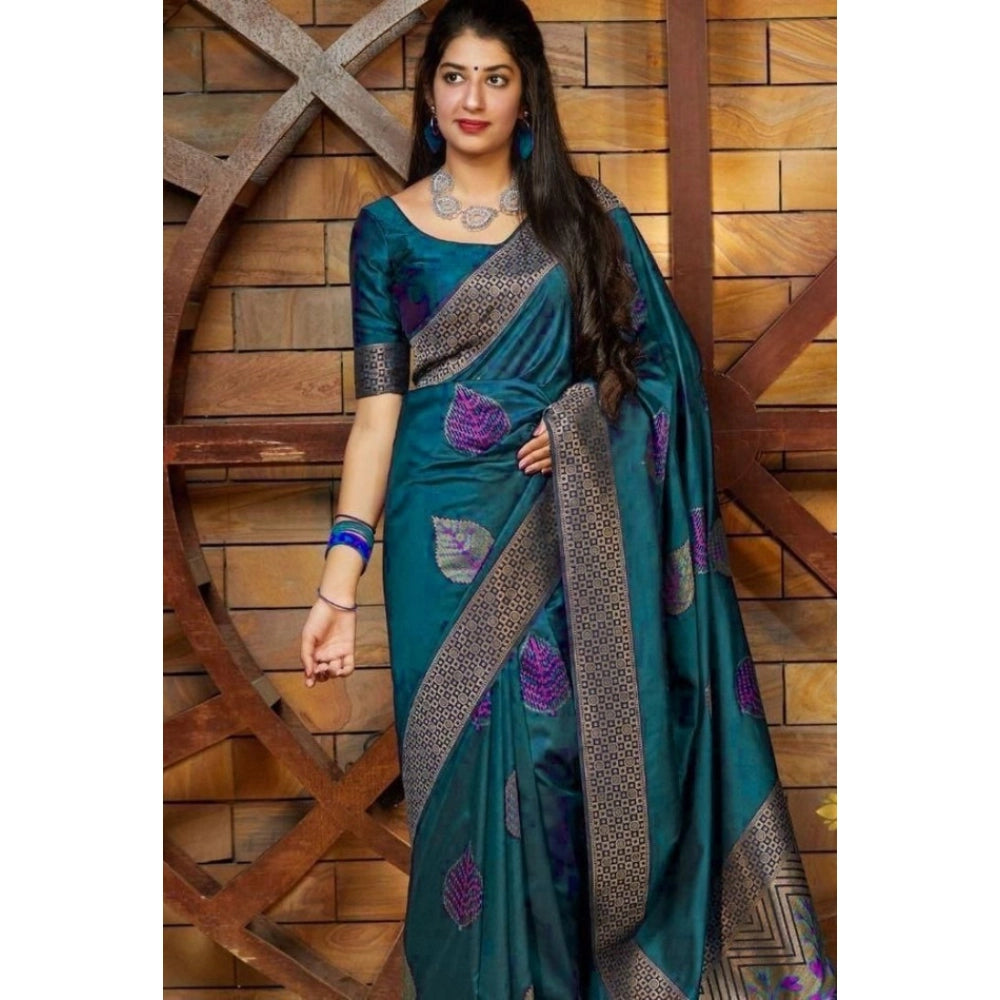 Seduva Women's Litchi silk Printed Saree With Unstitched Blouse (Rama Blue)