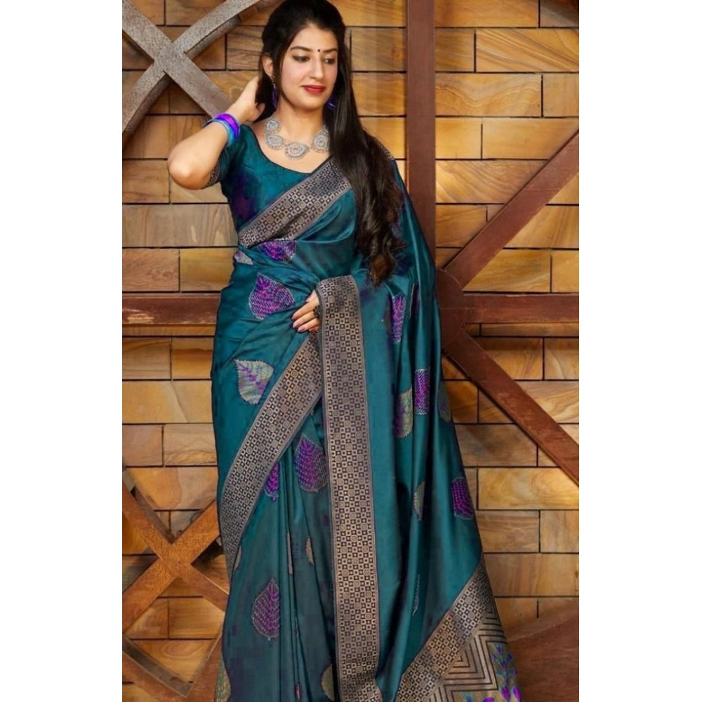 Seduva Women's Litchi silk Printed Saree With Unstitched Blouse (Rama Blue)