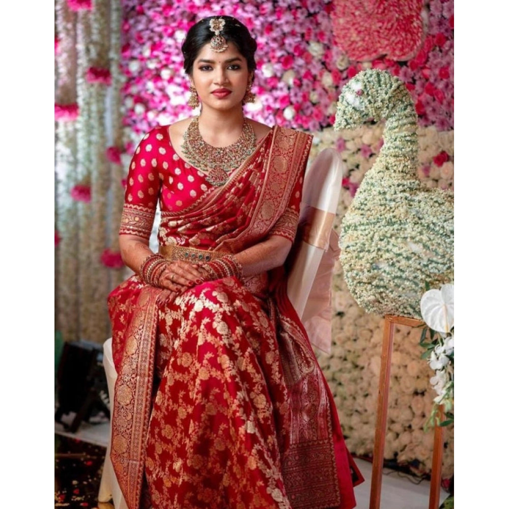 Seduva Women's Litchi silk Printed Saree With Unstitched Blouse (Red)