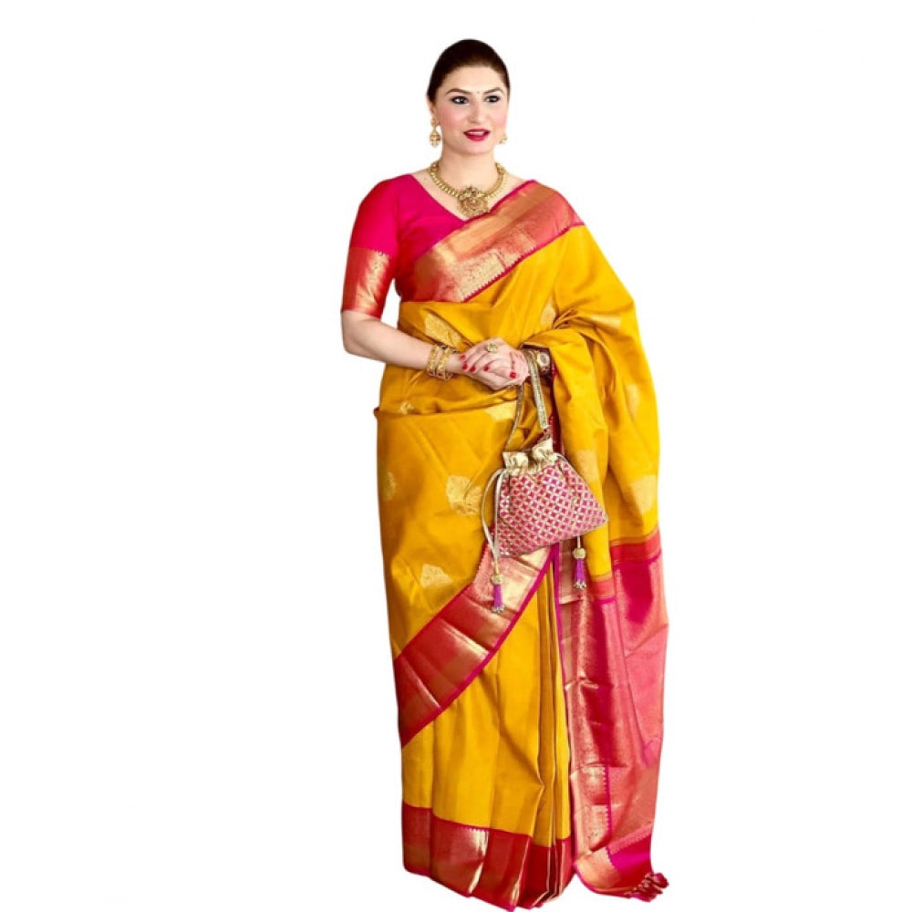 Seduva Women's Litchi silk Printed Saree With Unstitched Blouse (Yellow)