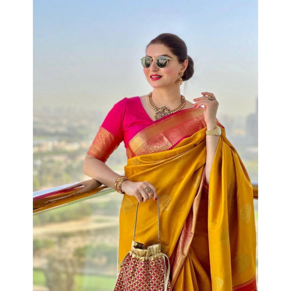 Seduva Women's Litchi silk Printed Saree With Unstitched Blouse (Yellow)