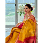 Seduva Women's Litchi silk Printed Saree With Unstitched Blouse (Yellow)