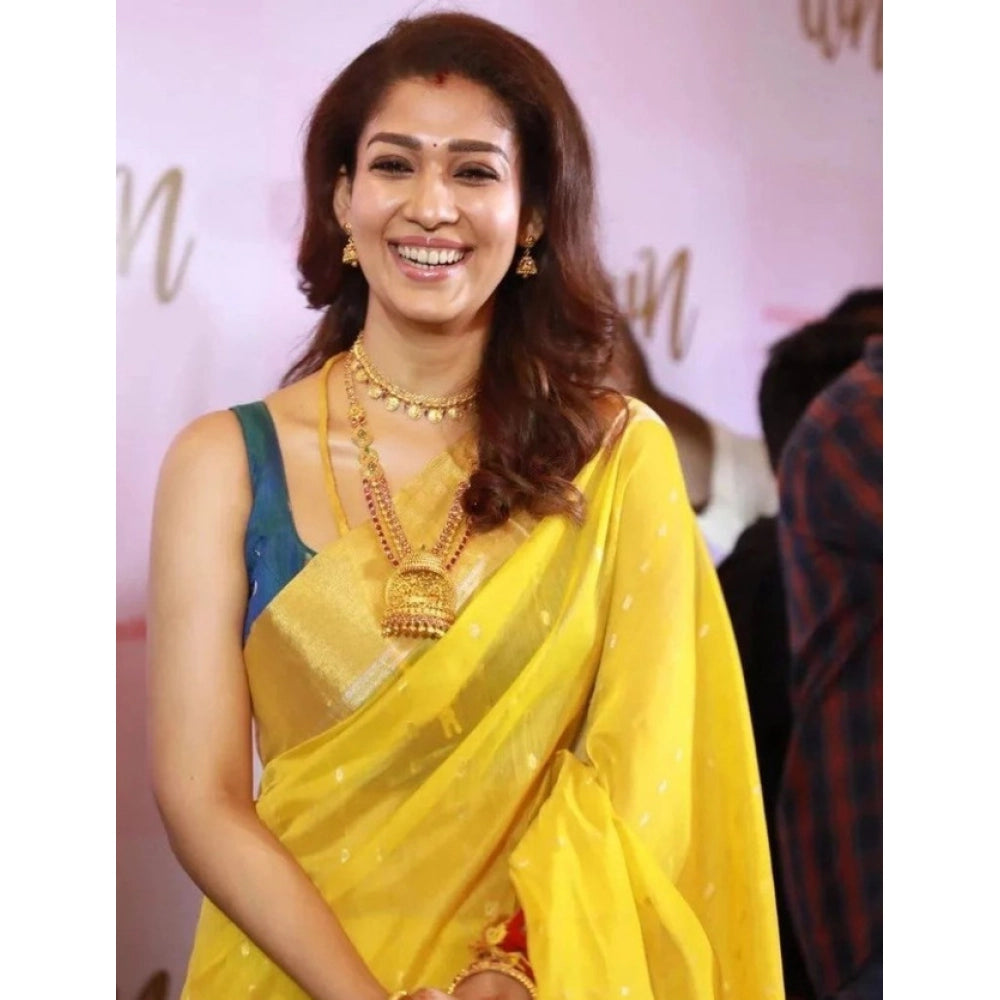 Seduva Women's Litchi silk Printed Saree With Unstitched Blouse (Yellow)