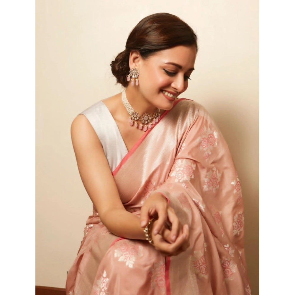 Seduva Women's Litchi silk Printed Saree With Unstitched Blouse (Peach)