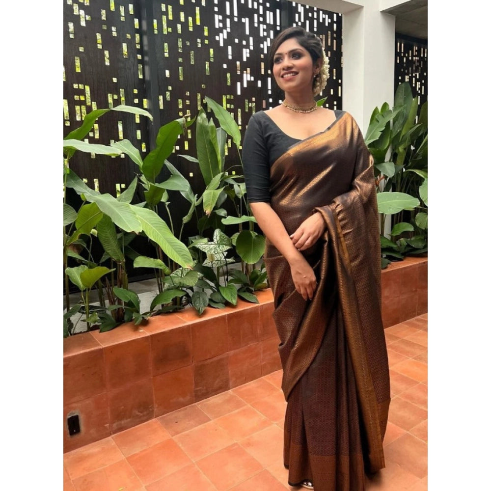 Seduva Women's Litchi silk Printed Saree With Unstitched Blouse (Gold)