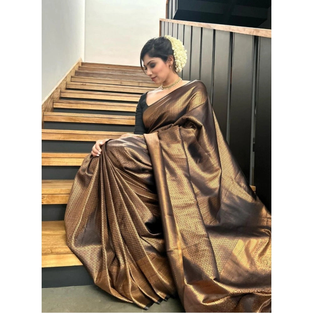 Seduva Women's Litchi silk Printed Saree With Unstitched Blouse (Gold)