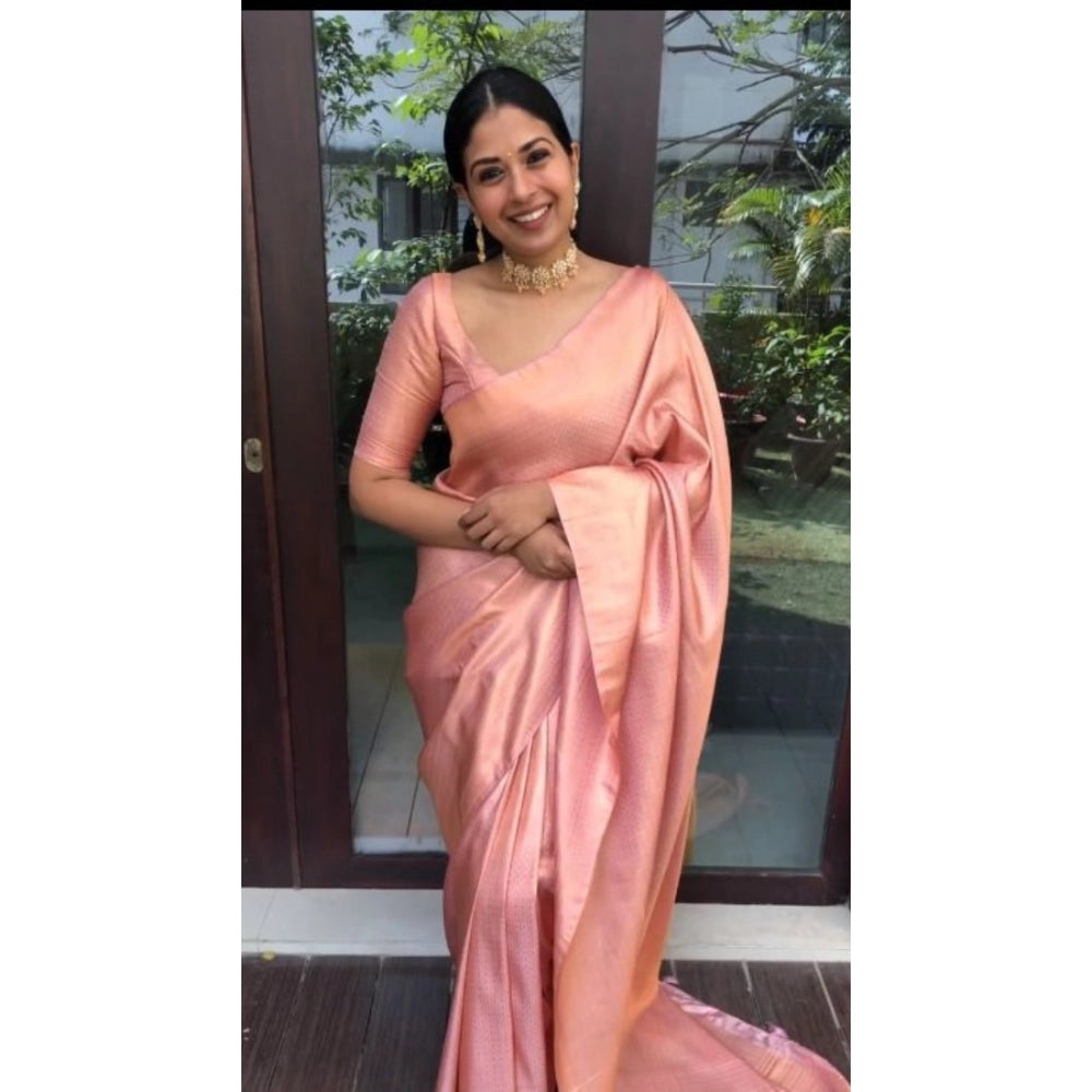 Seduva Women's Litchi silk Printed Saree With Unstitched Blouse (Peach)