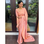 Seduva Women's Litchi silk Printed Saree With Unstitched Blouse (Peach)
