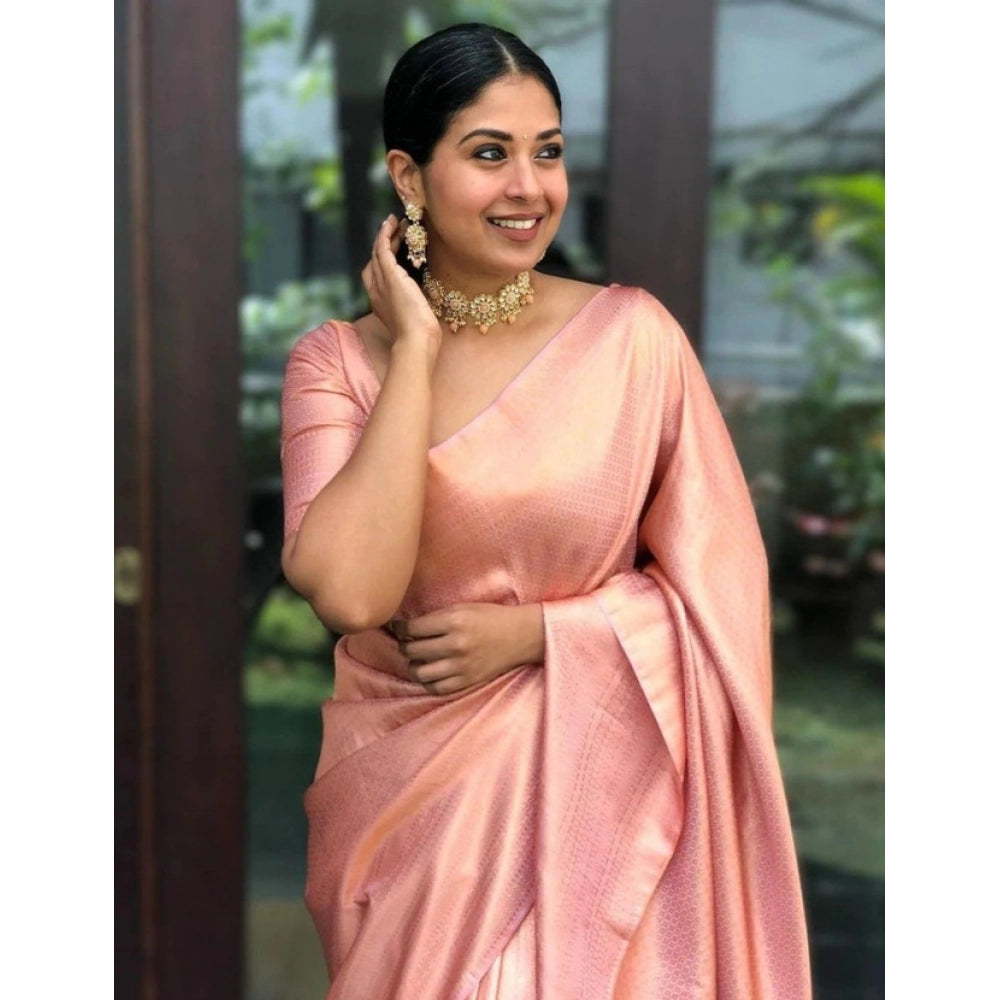 Seduva Women's Litchi silk Printed Saree With Unstitched Blouse (Peach)