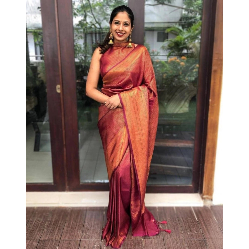 Seduva Women's Litchi silk Printed Saree With Unstitched Blouse (Red)